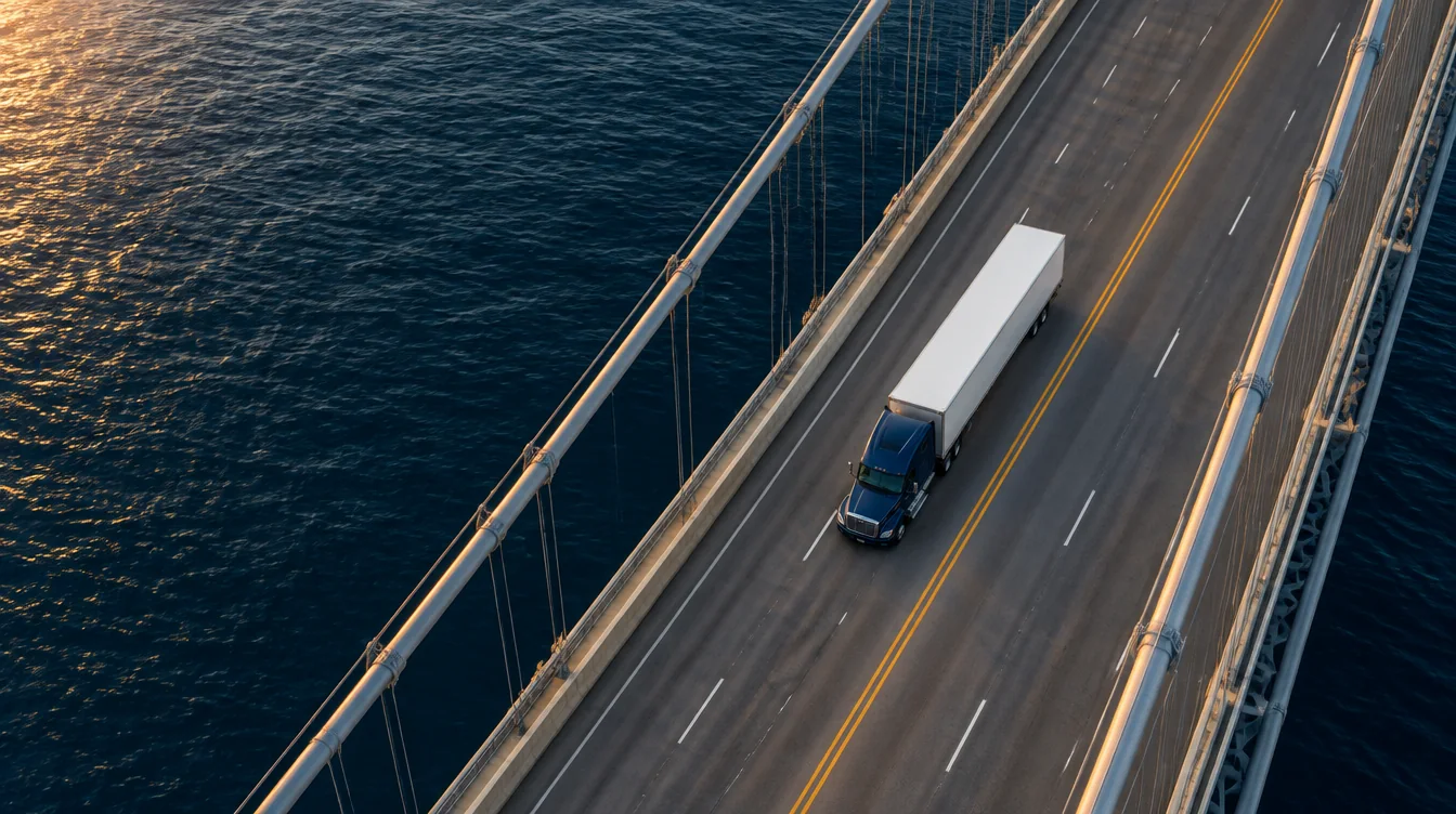 Illustrative aerial view of a semi-truck crossing a suspension bridge