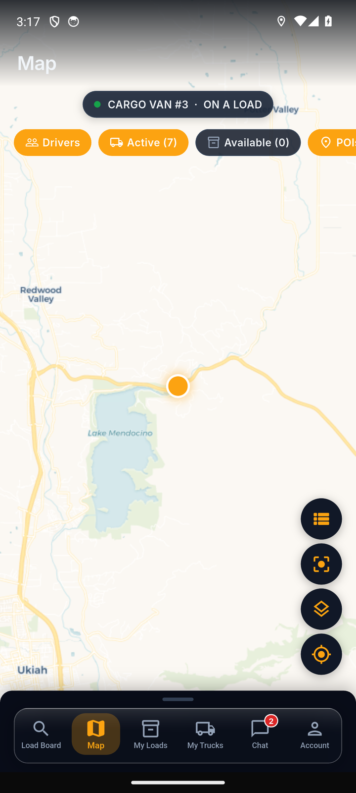 CargoAI map screen with sample truck information